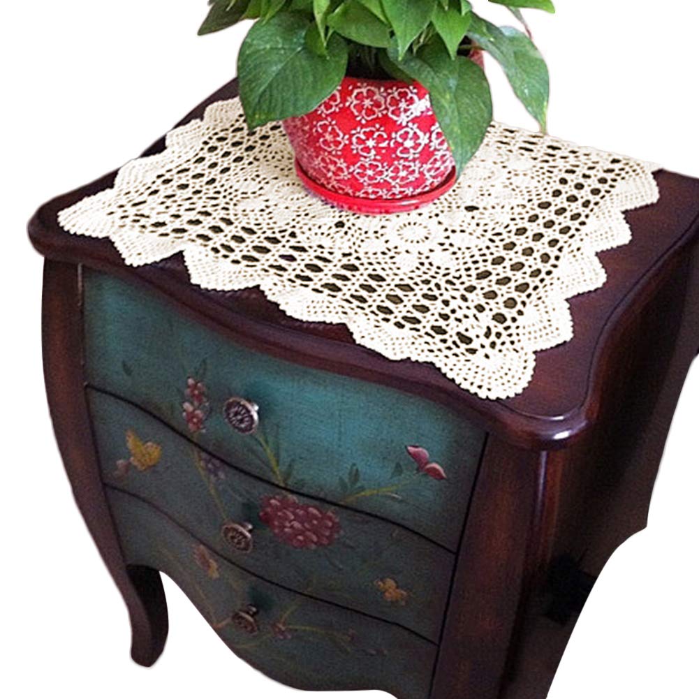 yazi 手工钩针 doily 蕾丝矩形桌布可爱花桌布门,米色,59.94 x 119.
